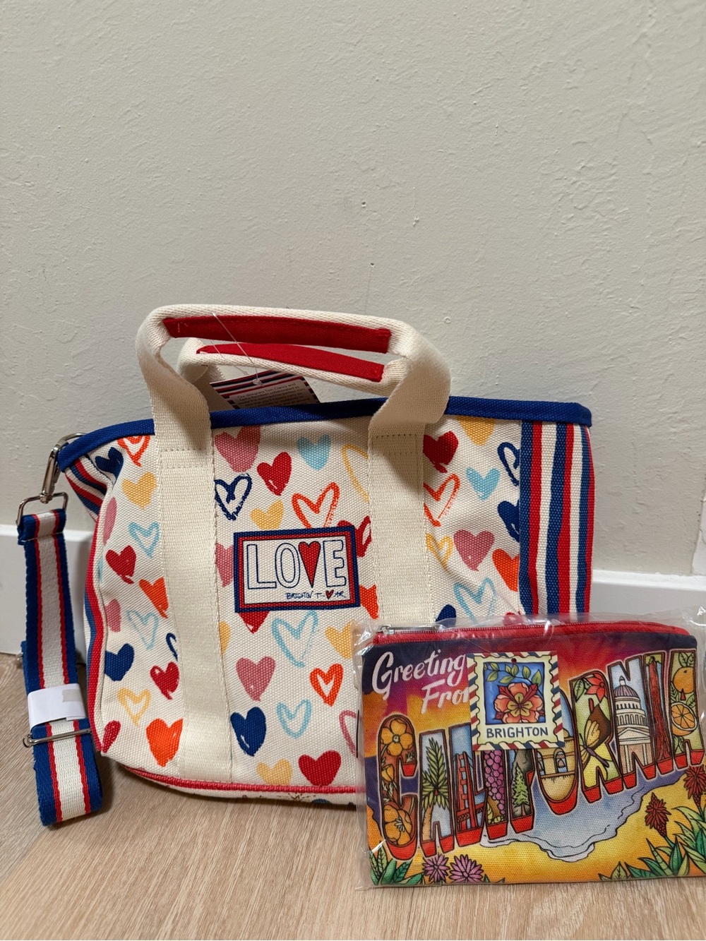 Brighton Cream Canvas Tote with Multicolor Hearts and Red, White & Blue Strap